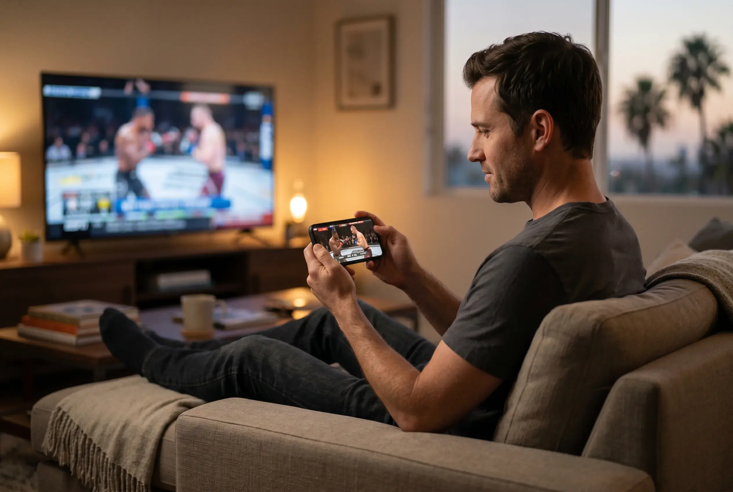 Californian fan watching a UFC fight on a smartphone at home