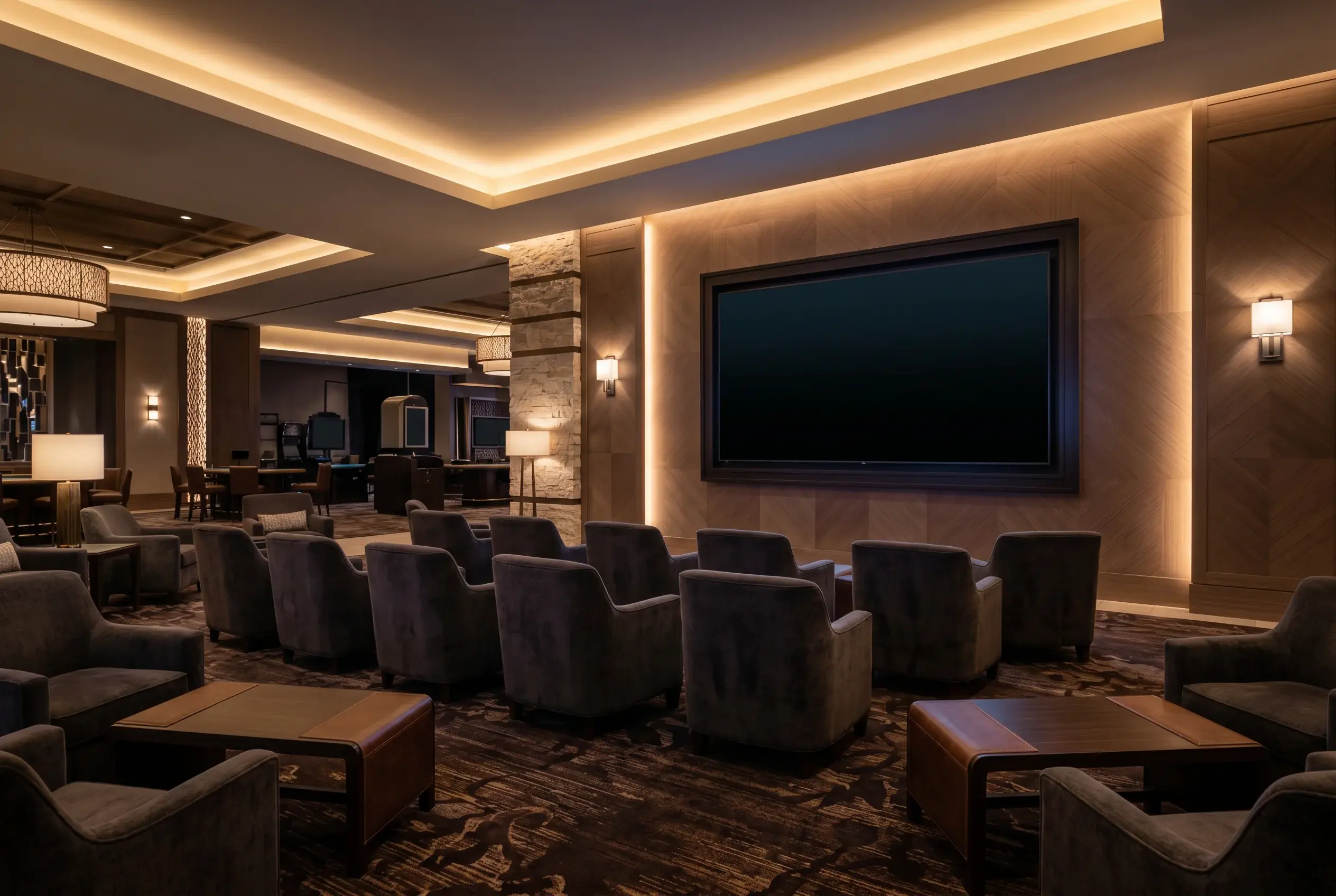 California tribal casino UFC PPV lounge viewing with empty sportsbook counter and screening setup