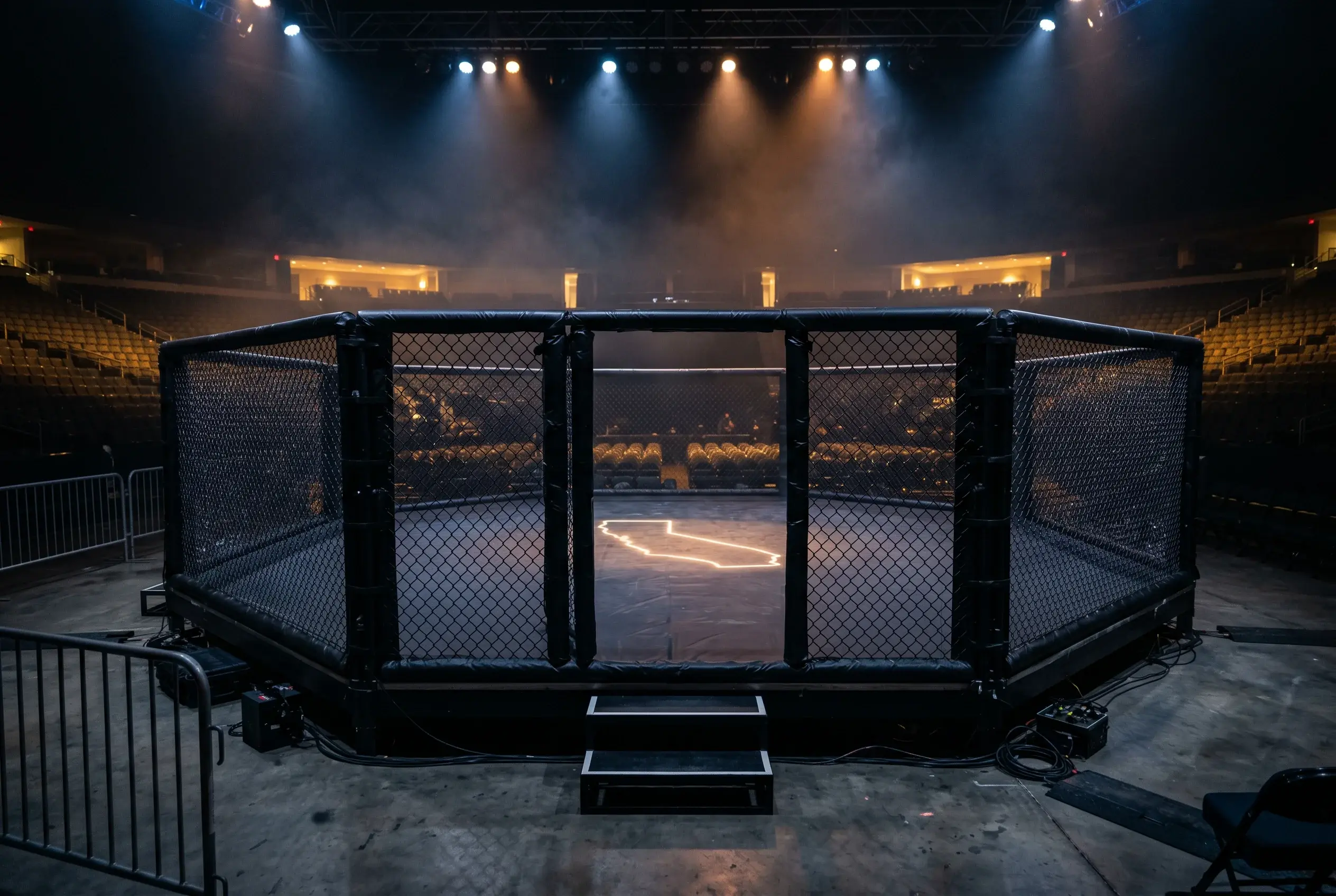 UFC octagon lit up before a California fight night