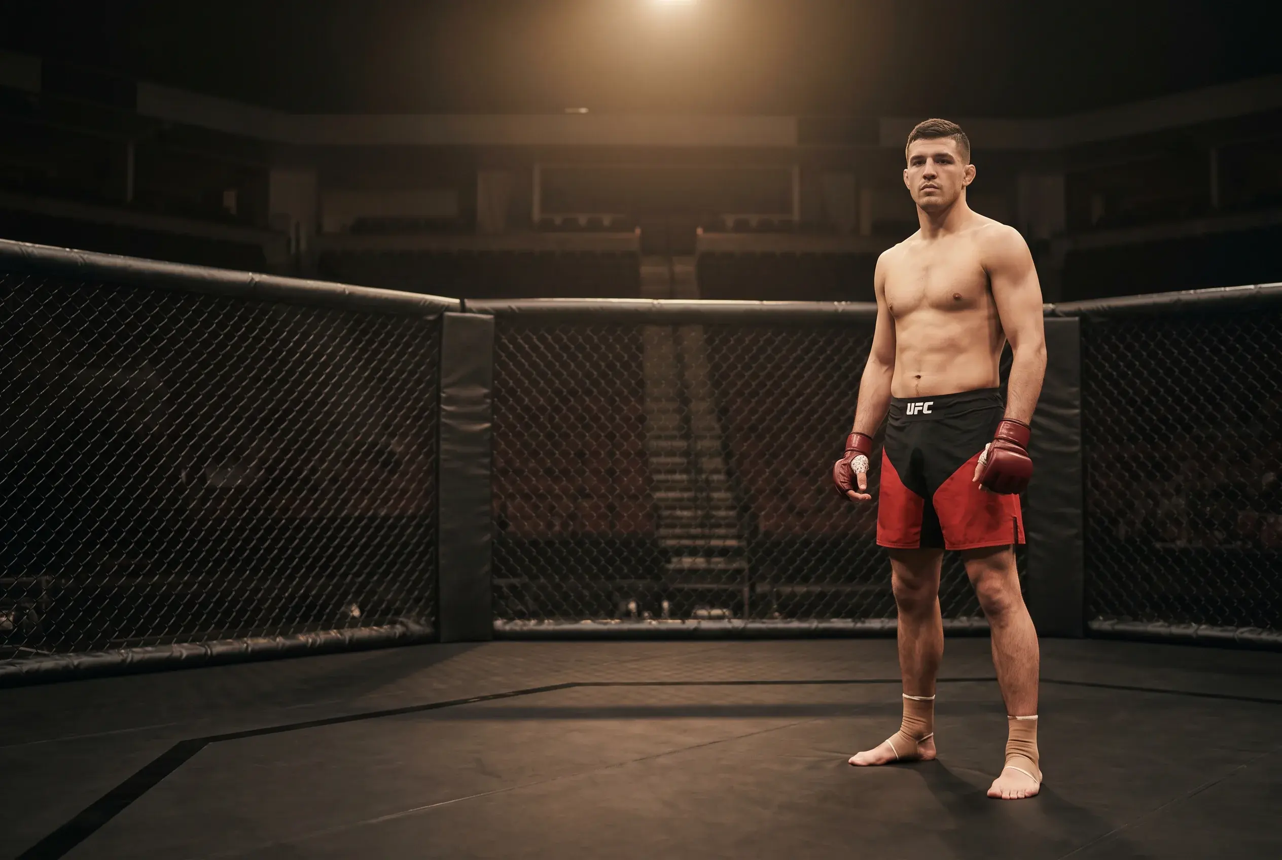 UFC fighter in red MMA gloves and black fight shorts standing inside the chain-link octagon cage on the mat