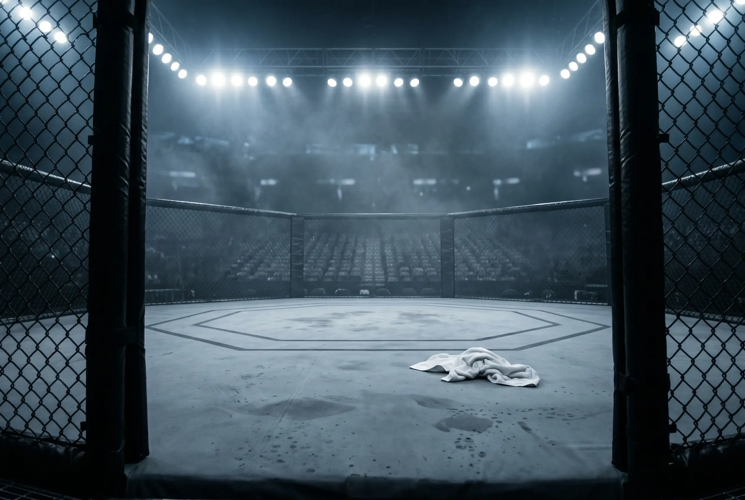 Empty UFC octagon under arena lights after a suspicious fight