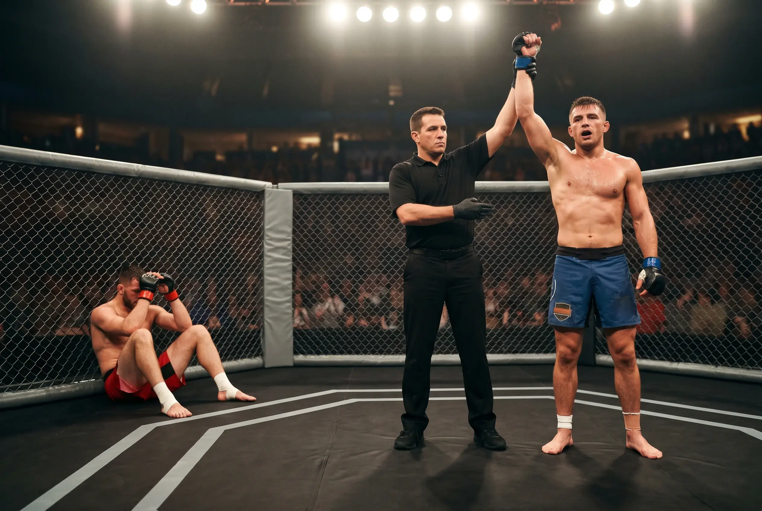 Referee in black shirt raising the hand of a victorious UFC fighter at the centre of the octagon mat after the bout, while the defeated fighter sits against the cage