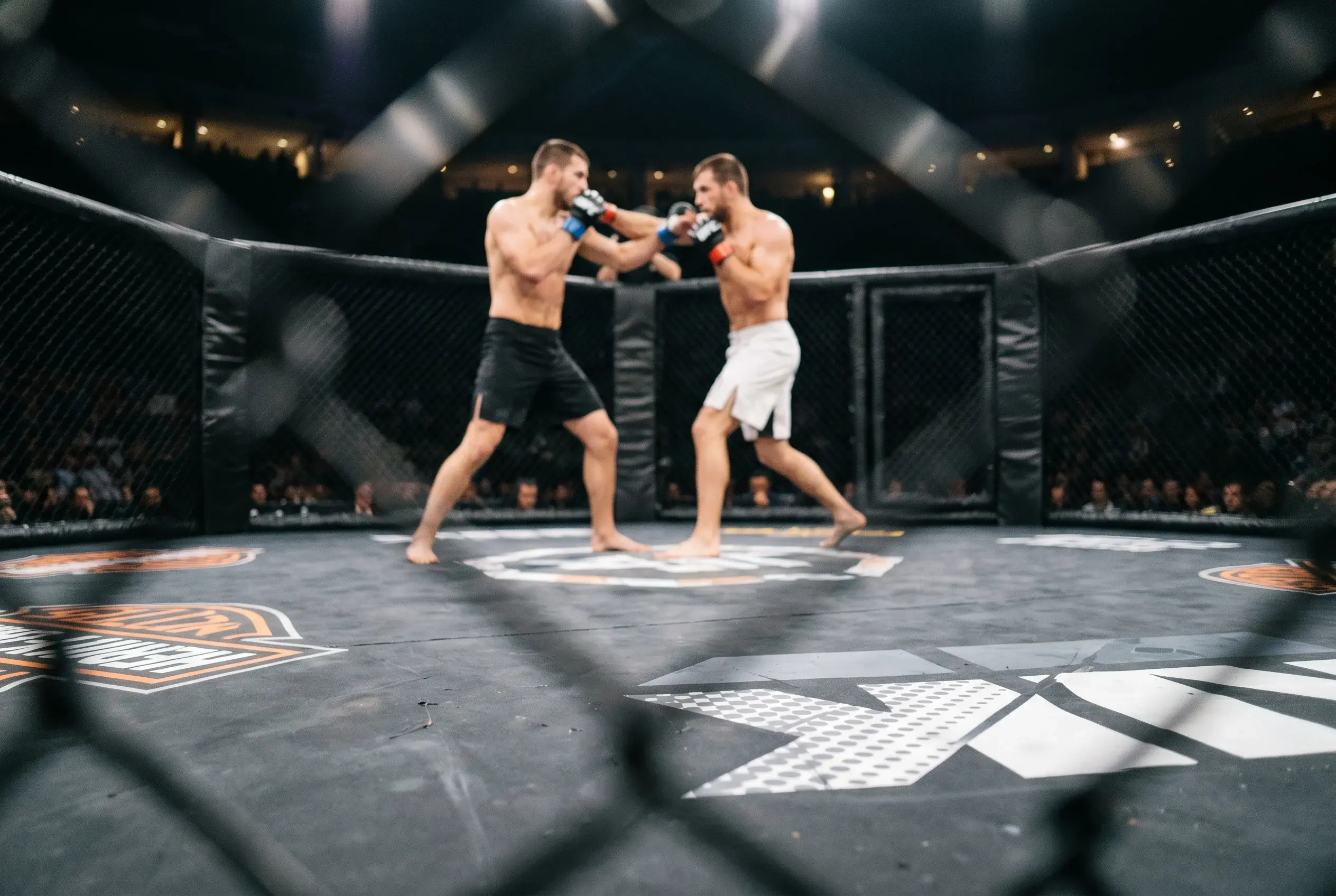 UFC Octagon canvas with sponsor logos and betting partner branding visible during a fight night broadcast